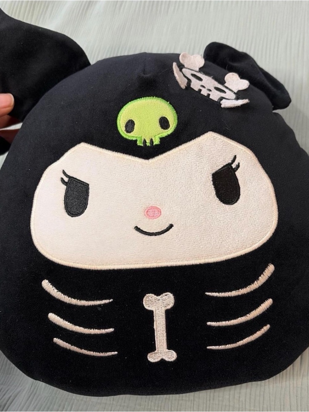 Kuromi Black and White Skeleton Plush Pillow with Lime Skull Accent